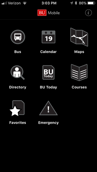 Screenshot of the BU mobile smartphone app