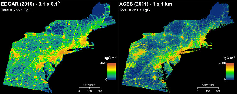 Diptych of EDGAR and ACES CO2 maps visualizing carbon dioxide CO2 emissions in Rhode Island