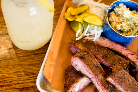 The St. Louis Pork Ribs Tray with potato salad and gluten free broccoli cheese casserole at Sweet Cheeks BBQ, Boston