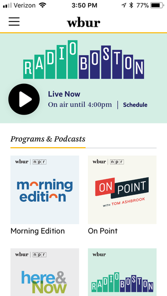 Screenshot of the WBUR NPR station smartphone app