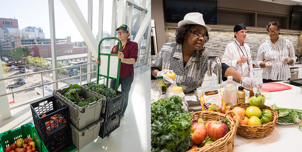 Produce ends up in several venues, including BMC’s Demonstration Kitchen, where classes are held for patients and staff on cooking healthy meals. Kitchen manager and dietitian Tracey Burg (right photo, center), aided by Maureen Worrell (foreground) and Amazine Bodden, prepared fresh-off-the-farm oven-fried green tomatoes and harvest kale salad recently. Worrell has a heart stent and started attending classes at the kitchen two years ago to improve her cardio health. Her verdict on the farm’s food: “Really, really good. Today was the first time I’ve had fried green tomatoes that taste so good.”