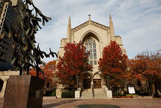 An Autumn view of Marsh Plaza and Marsh Chapel at Boston University