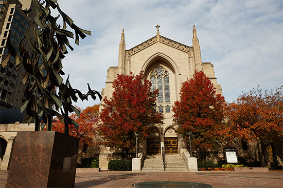 An Autumn view of Marsh Plaza and Marsh Chapel at Boston University