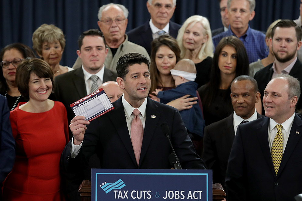 Speaker of the House Paul Ryan (R-Wis.), with American families and members of the House Republican leadership, introducing tax reform legislation November 2. The legislation is a centerpiece the Trump legislative agenda
