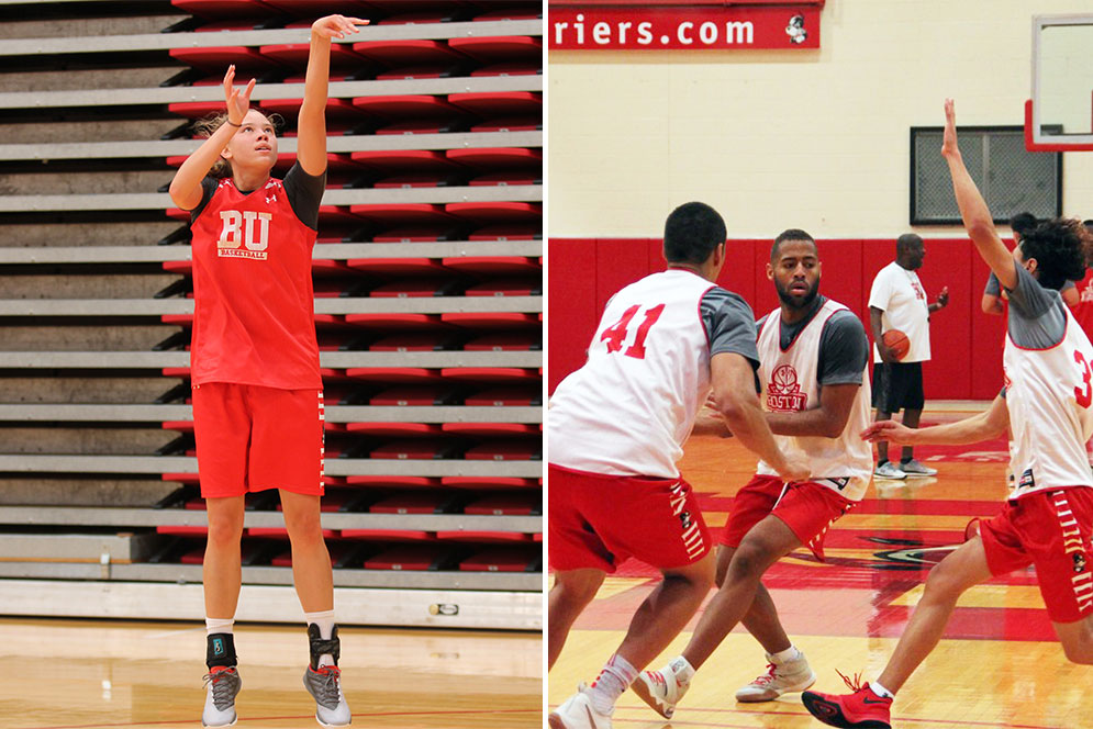 Diptych showing action photos ofBU Terriers women's basketball player Corrine Williams and men's basketball player Cedric Hankerson.