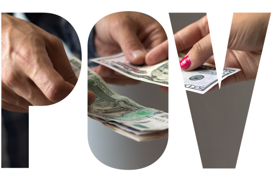 a man and woman exchange money