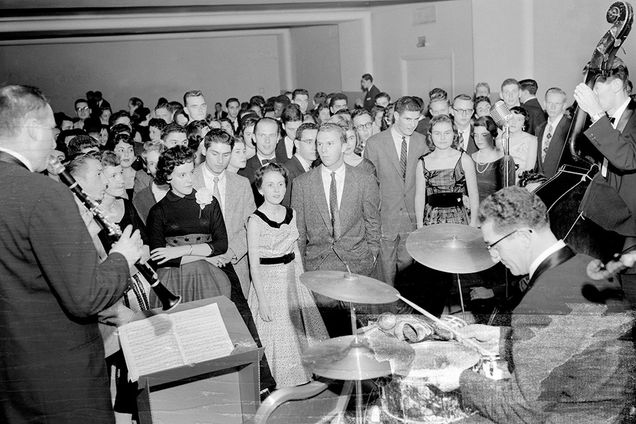 11/4/1955 - Boston, Massachusetts  Students listen to a band playing at the CLA Fall Ball on November 4, 1955.   Photo by Boston University Photography