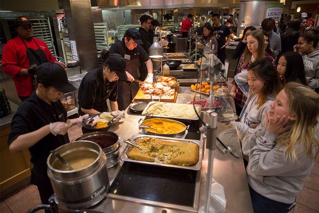 Boston University students wait in line for Thanksgiving Dinner at West Dining Hall