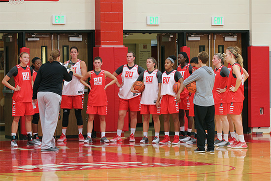 BU Terriers women's basketball coach Katy Steding talks to the team during a practice