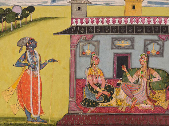 A detail from Adhama Vaishika Nayaka (The Depraved Hero), one of the paintings on display in the Museum of Fine Arts’ exhibition An Enchanted Land: A Century of Indian Paintings