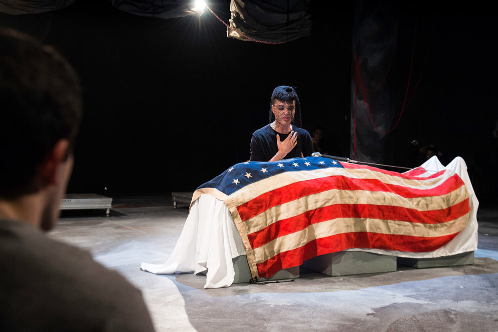 Miles Jordan (CFA '18) performs as Anne during a dress rehearsal for Femina Shakes’ production of Richard III