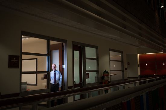 Freeman chose a tiny, glass-walled, visible office facing the building’s atrium so he would be “accessible, transparent, and genuine.”