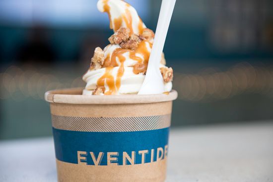 Save room for dessert: the brown butter soft serve has a maple pecan crumble and is drizzled with bourbon caramel. 