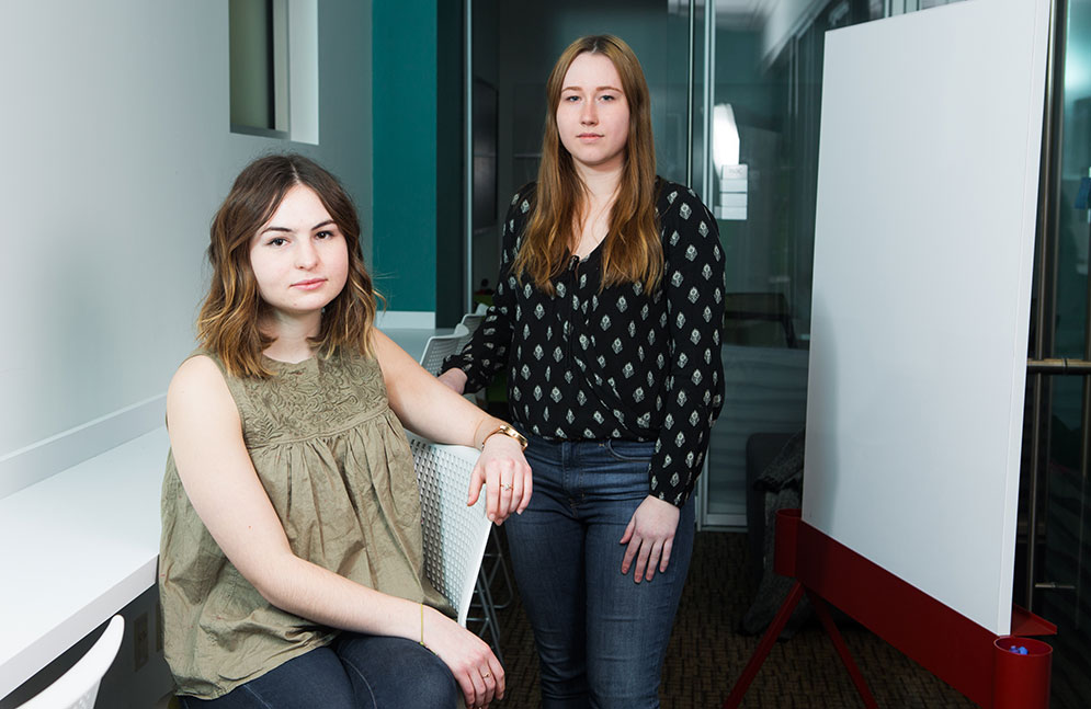 Meet the girls behind the code, Fiona Whittington (COM,CAS'19), left, and Natalie Pienkowska (CAS, Questrom'20) and their posse of students from BU, Northeastern, UMass Boston and NYU are hosting SheHacks, the largest ever (they hope) all female hackathon on Jan. 26-28.