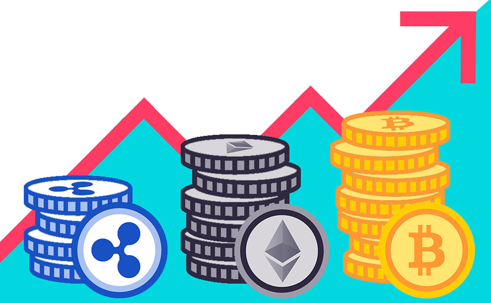 graphic depicting the rising value of Ripple, Ethereum, and Bitcoin