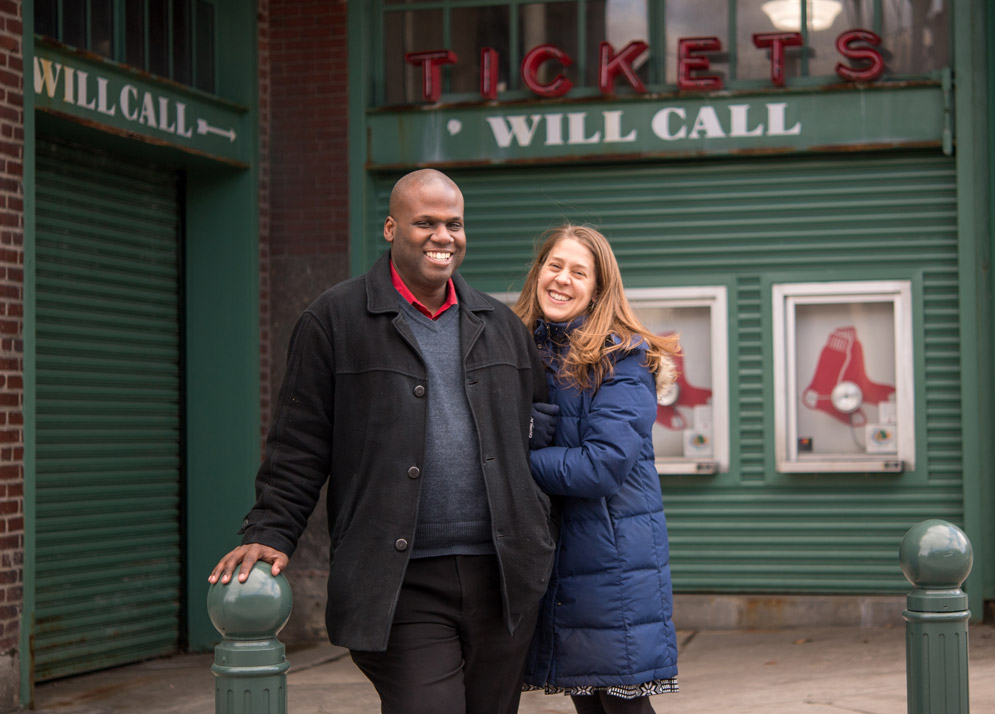 Ruthie Beane Jean and Reggie Jean stand outside Fenway Park.