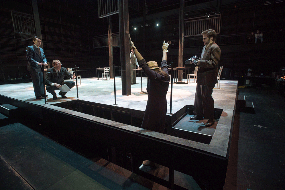 Trap doors and under-stage spaces are just two of the many staging options that the Booth Theatre offers. From left, Ben Murphy (CFA’20) as Dudard, Alfred Bardwell-Evans (CFA’20) as Old Gent/Monsieur Papillon, Sophie Gore (CFA‘18) as Grocer Woman/M. Boef, and Daniel Abbes (CFA'20) as Berenger.