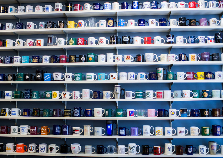 A wall of coffee mugs