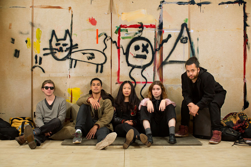 Kieran Charnock (from left), James Rolleston, Michelle Ny, Alice Englert, and Scotty Cotter in The Rehearsal.