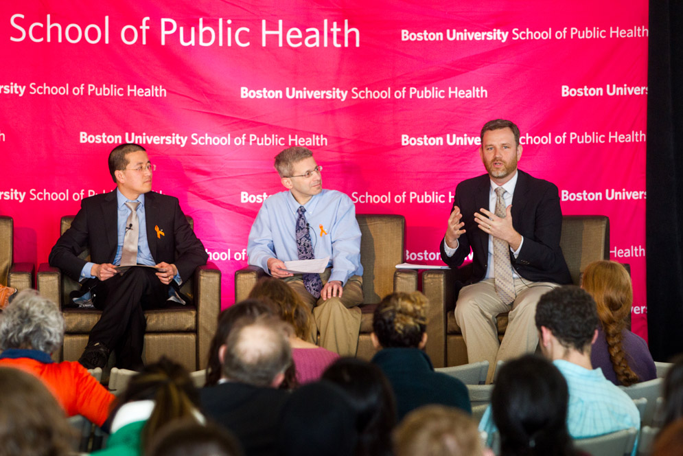 Ziming Xuan, Michael Siegel, and David Jones speak at a Community Forum on Gun Violence at the Boston University School of Public Health on March 14, 2018.