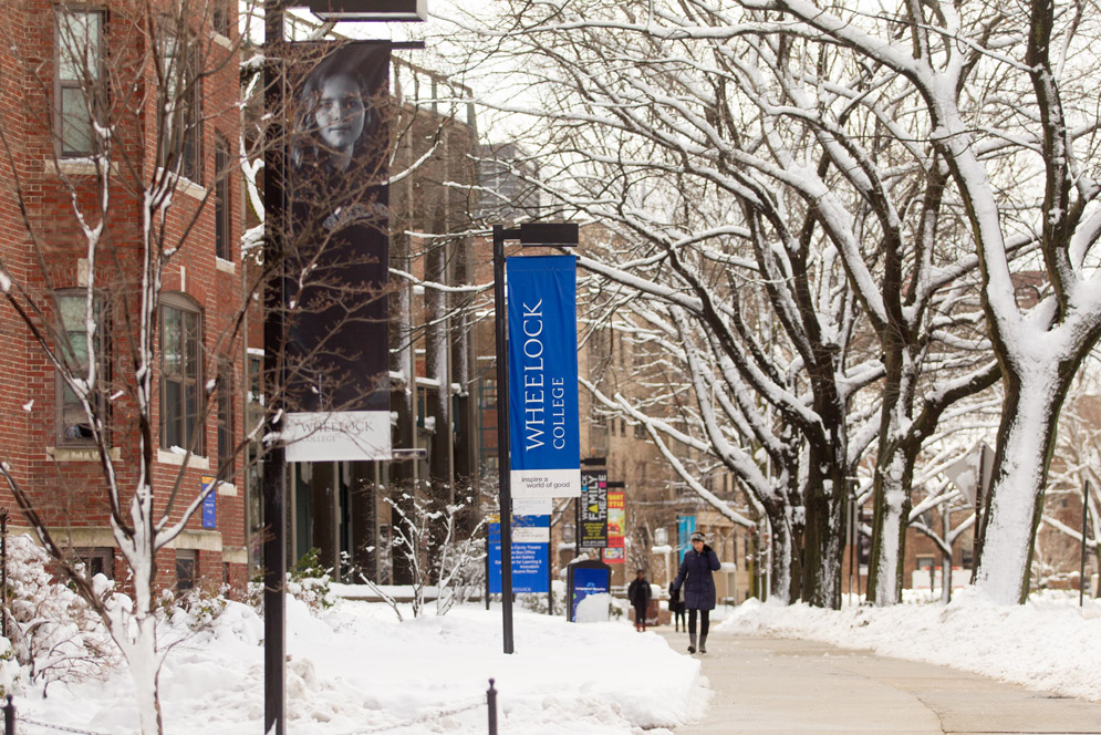 Wheelock campus covered in snow.
