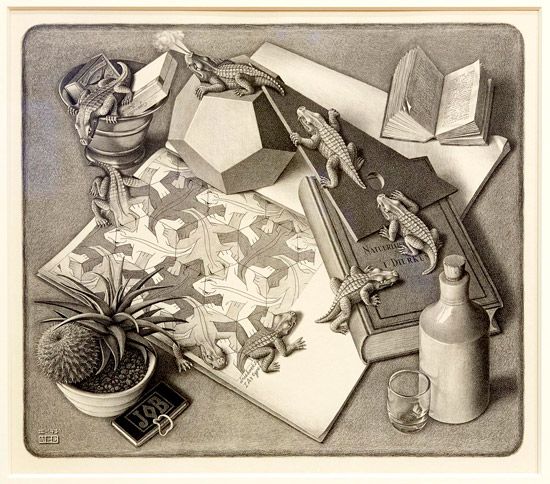 Reptiles is just one of the 50 prints by noted Dutch artist M. C. Escher on display in the Museum of Fine Arts’ special exhibit M. C. Escher: Infinite Dimensions, on view through May 28. Photo by Robin Lubbock/WBUR