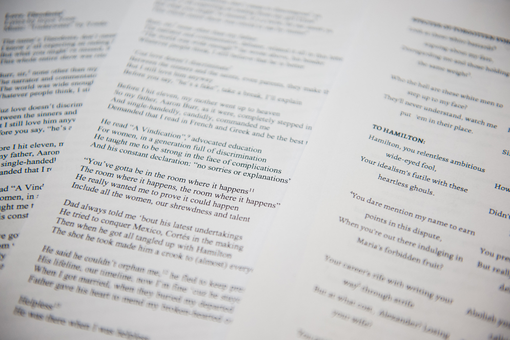 Student lyric sheets for their “Lost Hamilton Tracks.”