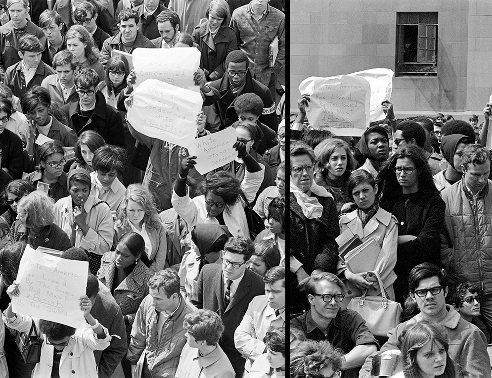Students listen to speakers and hold signs at a memorial service on for Martin Luther King, Jr. the day after he was assassinated, Marsh Plaza, Boston University, 1968
