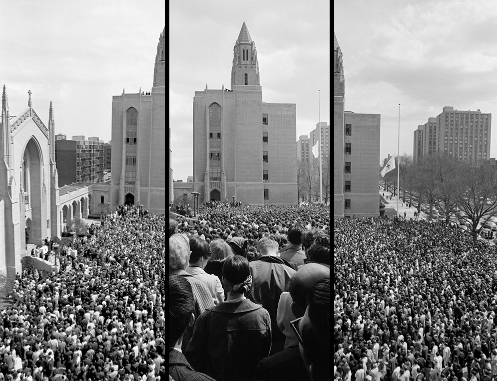 Triptych showing views of the crowd gathered at a memorial service on for Martin Luther King, Jr. the day after he was assassinated, Marsh Plaza, Boston University, 1968