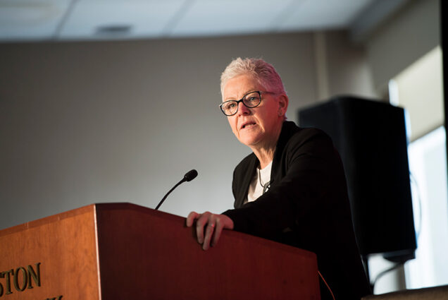 Former EPA Administrator Gina McCarthy speaks at the Boston University School of Public Health symposium on climate change