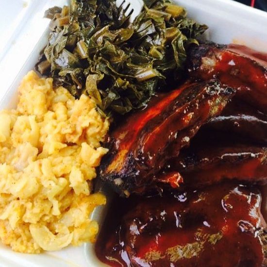 Pork ribs, mac and cheese, and collard greens