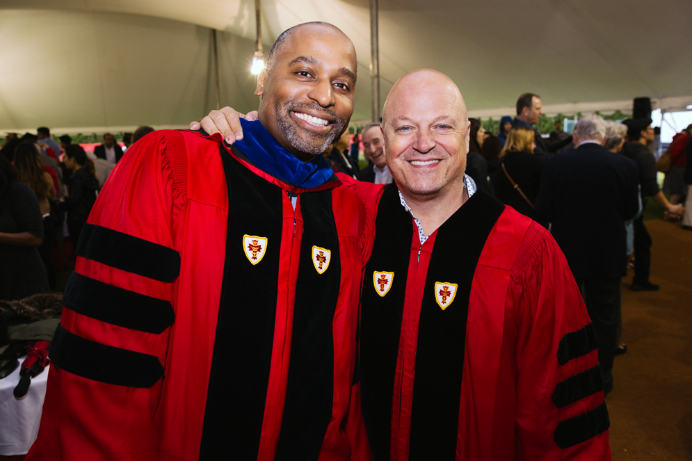 College of Fine Arts Dean Harvey Young (left) and Michael Chiklis at a reception after the CFA Convocation. 