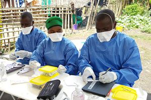 Clinicians work at an Ebola Virus vaccination clinic in Mbandaka, Democratic Republic of Congo, during an outbreak in May of 2018