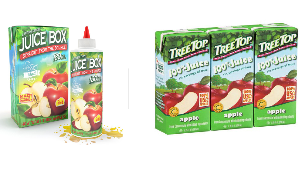 Composite image showing liquid nicotine vape juice packaging that looks like a child's juice box compared to actual apple juice juice boxes.