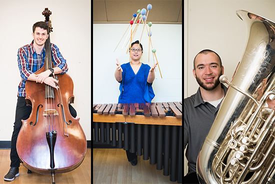 BU music students pose with the oversized instruments they play.
