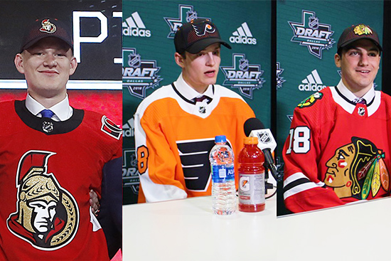 Boston University hockey players drafted in the 2018 NHL draft: Brady Tkachuk, Joel Farabee, and Jake Wise