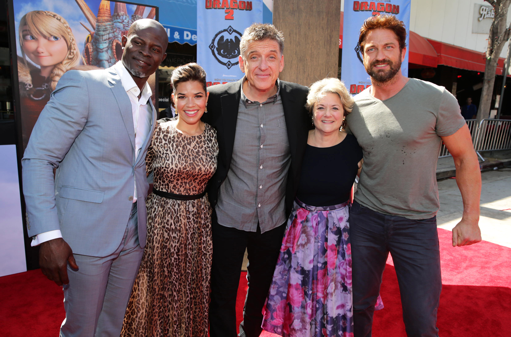 From left: Actors Djimon Hounsou, America Ferrera and Craig Ferguson, with producer Bonnie Arnold and actor Gerard Butler at the premiere of How to Train Your Dragon 2