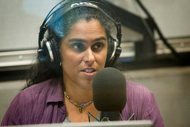 On Point co-host Meghna Chakrabarti on air in the WBUR studio.