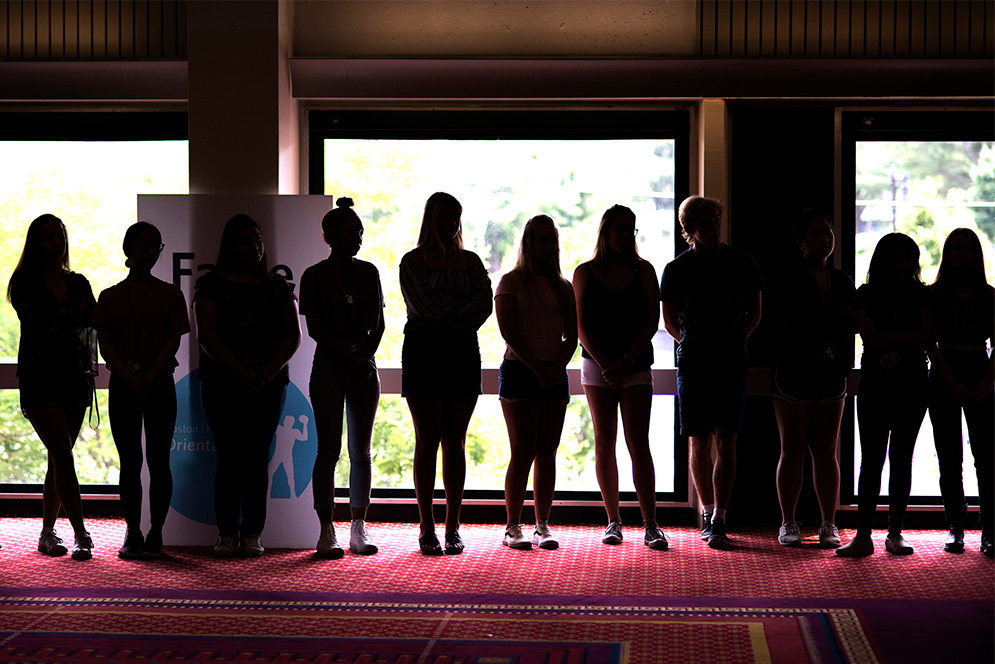 A group of incoming Boston University students line up during an orientation activity called Time to BU.