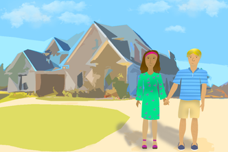 Parental figures holding hands in front of their home illustration by Mara Sassoon