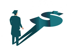 illustration of a college graduate staring at his shadow which is in the shape of a dollar bill