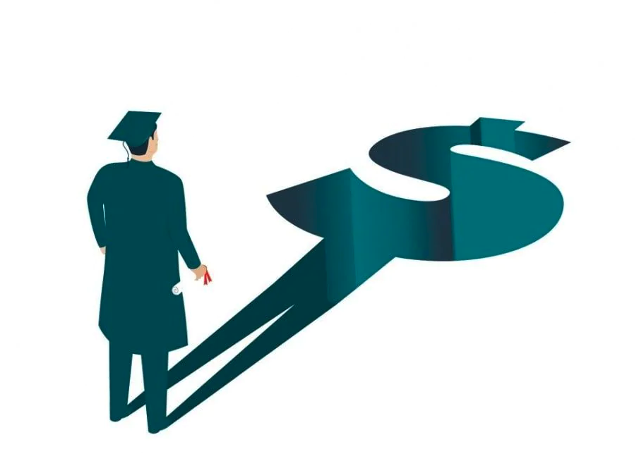 illustration of a college graduate staring at his shadow which is in the shape of a dollar bill