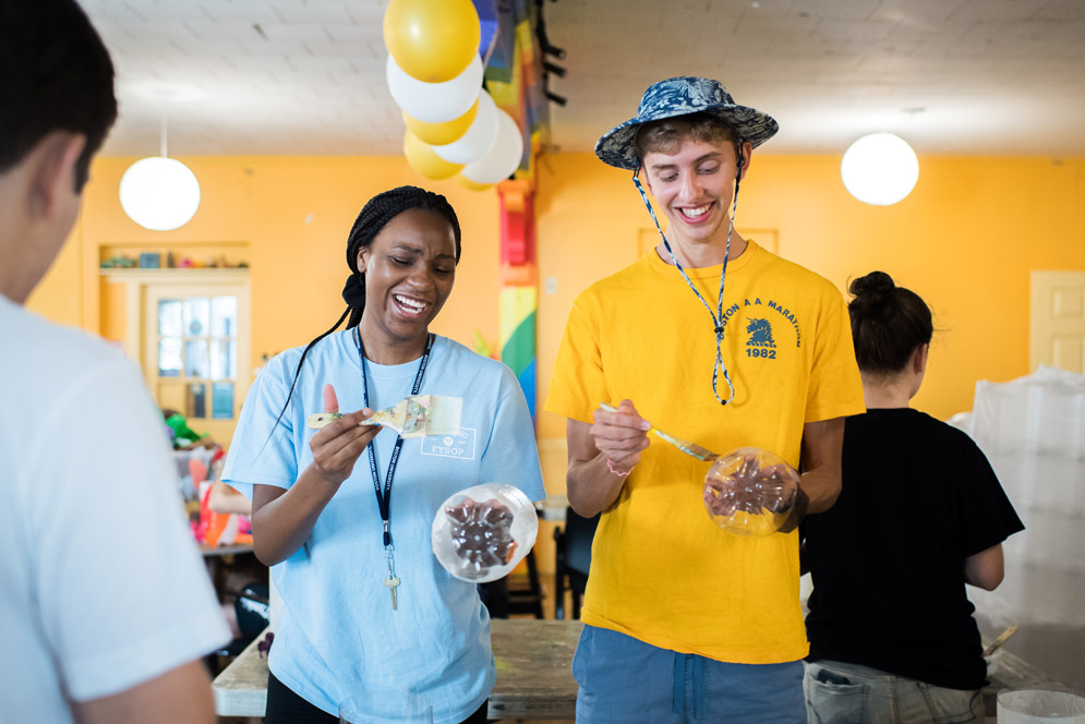 new students make paper lanterns