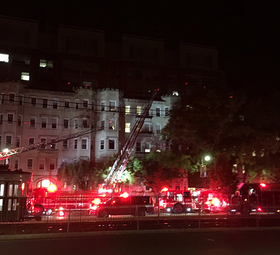 Boston Fire Department fights a fire at the 722 Commonwealth Ave student dorm residences on September 1, 2018.