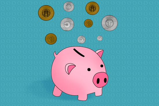 piggy bank and coins illustration by Mara Sassoon