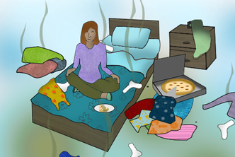 illustration of a student's dorm room in it's messy state