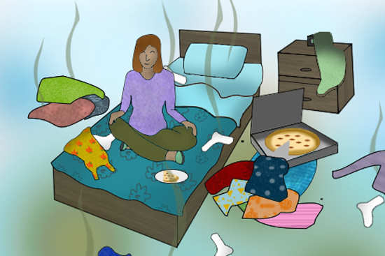 illustration of a student's dorm room in it's messy state