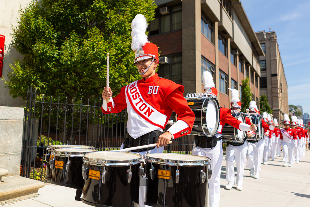 A BU drummer marches during matriculation