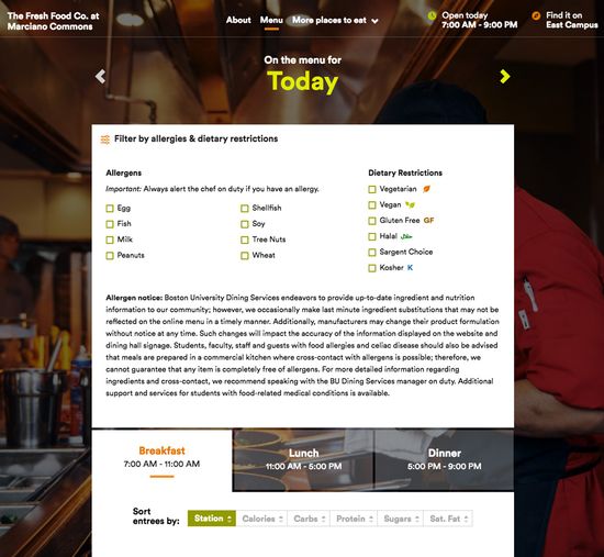 The new menu-filtering feature on the dining services website
