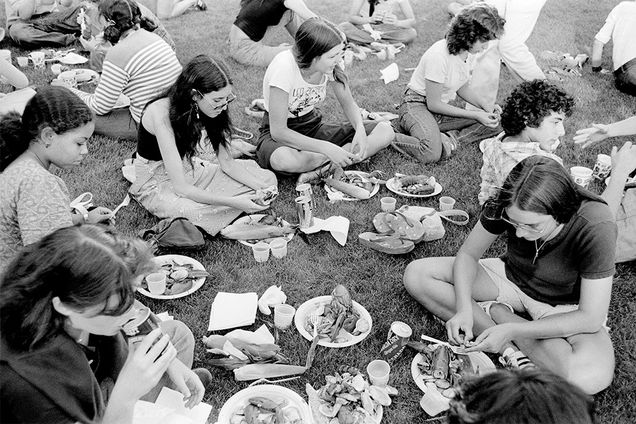 Boston University students enjoy a clambake behind the George Sherman Union, August 9, 1977